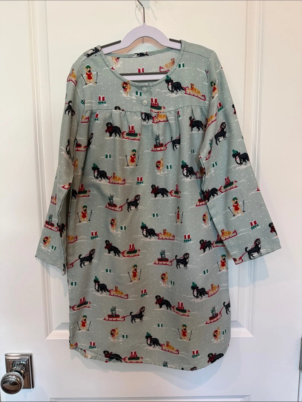 Lands’ End Holiday Dog Print Girls Long Sleeve Nightgown in Sage Green